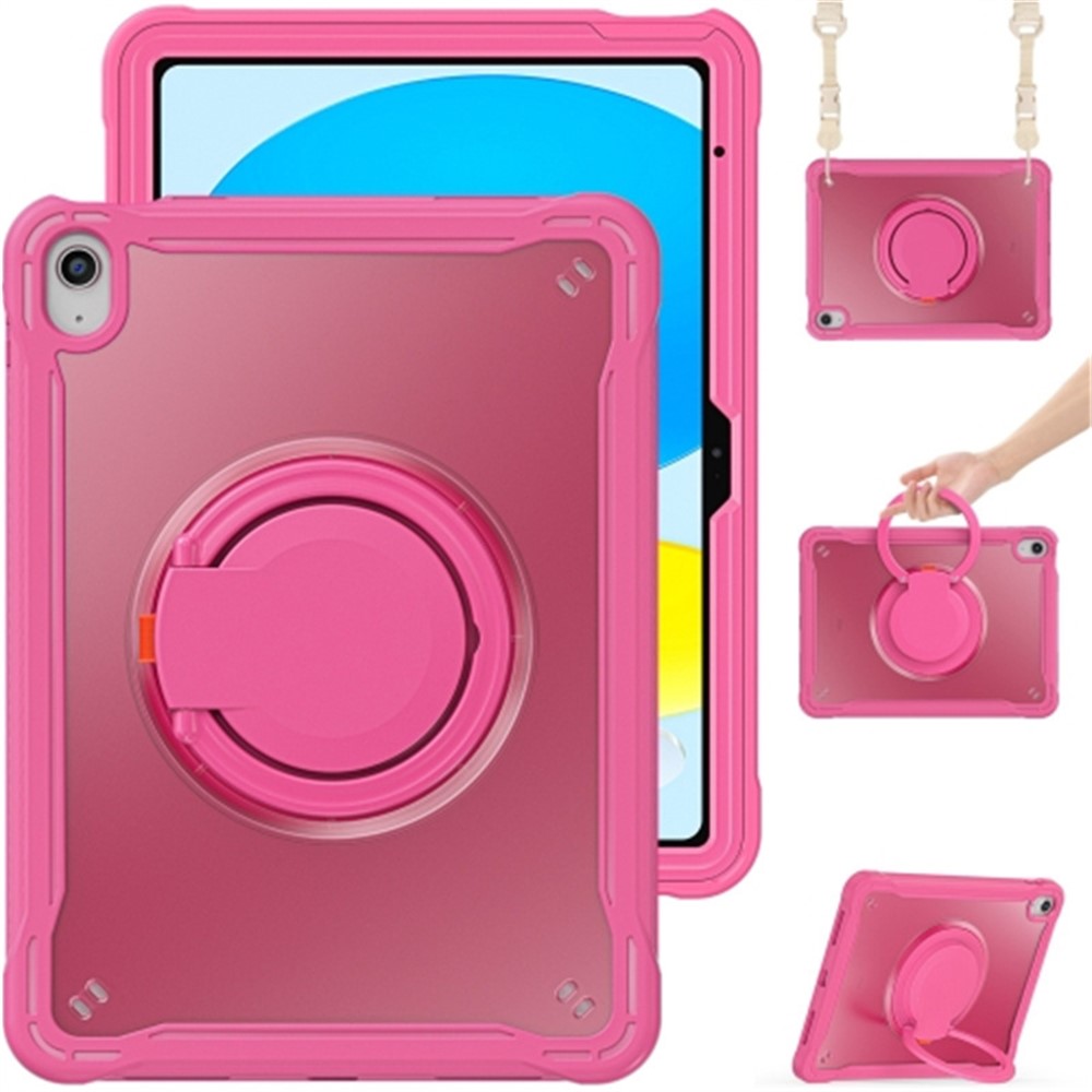 For iPad (2025) / 10.9 (2022) 360-Degree Rotating Kickstand PC+TPU Cover Shockproof Portable Tablet Case with Shoulder Strap - Rose