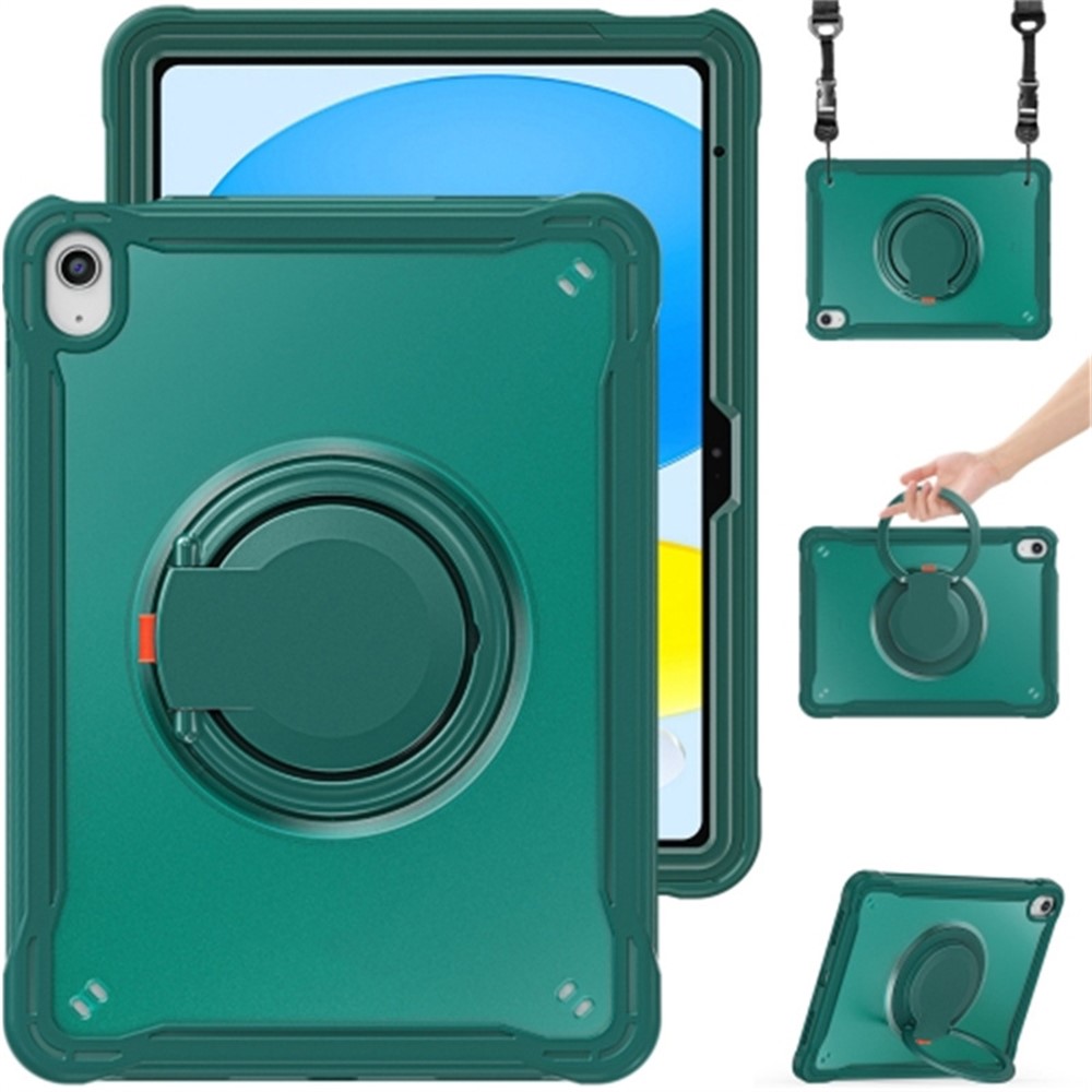 For iPad (2025) / 10.9 (2022) 360-Degree Rotating Kickstand PC+TPU Cover Shockproof Portable Tablet Case with Shoulder Strap - Midnight Green