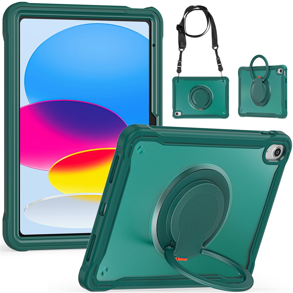 Shockproof Kickstand Case for iPad (2025) / 10.9 (2022) PC+TPU Hand Strap Tablet Cover with Shoulder Strap - Midnight Green