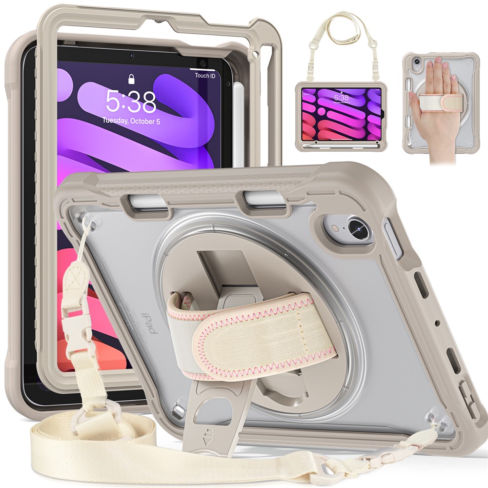 For iPad mini (2024) / mini (2021) Tablet Case PC+TPU Kickstand Cover with Shoulder Strap / Hand Strap - Khaki