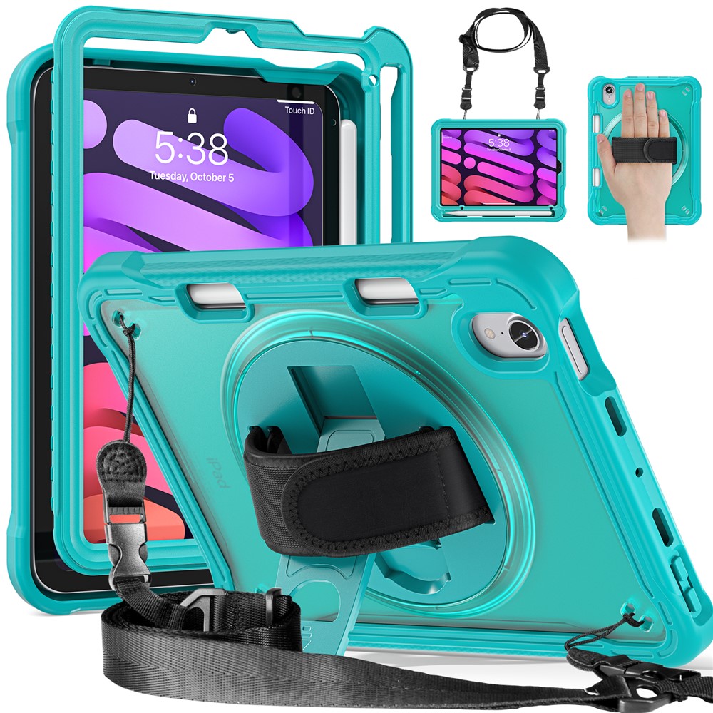 For iPad mini (2024) / mini (2021) Tablet Case PC+TPU Kickstand Cover with Shoulder Strap / Hand Strap - Baby Blue