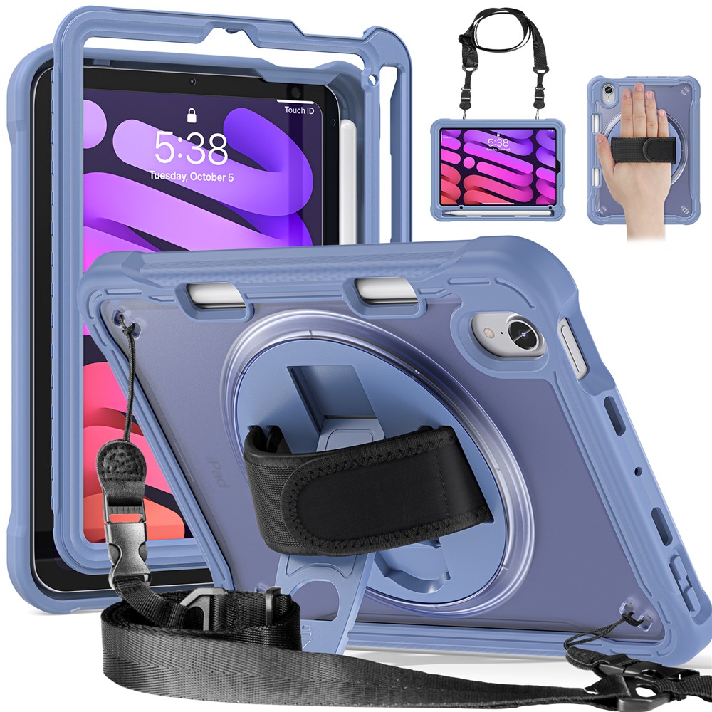 For iPad mini (2024) / mini (2021) Tablet Case PC+TPU Kickstand Cover with Shoulder Strap / Hand Strap - Lavender Grey