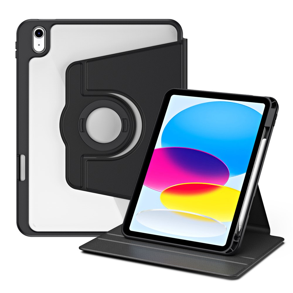 For iPad (2025) / 10.9 (2022) Smart Cover PU Leather+Acrylic Rotary Kickstand Protective Tablet Case - Black