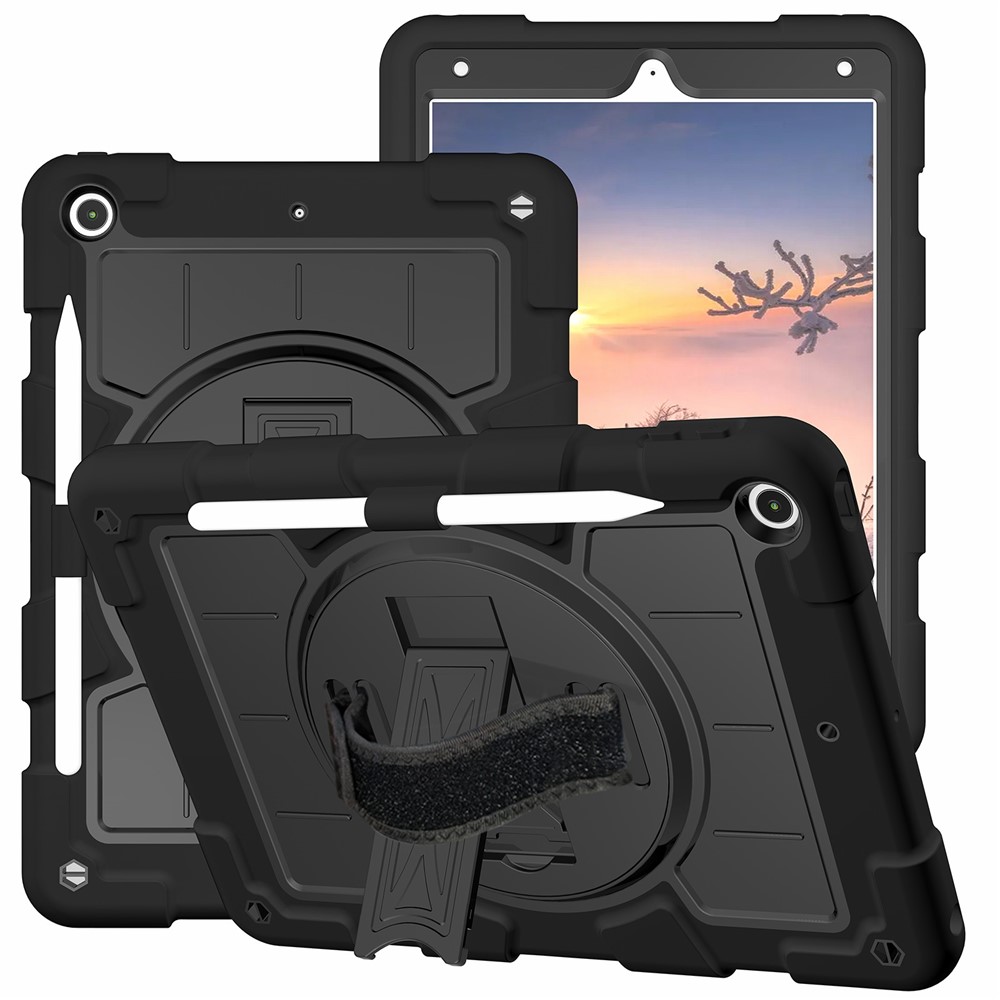 For iPad 10.2 (2021) / (2019) / (2020) TPU+PC Tablet Case Rotating Shockproof Kickstand Cover with Strap - Black