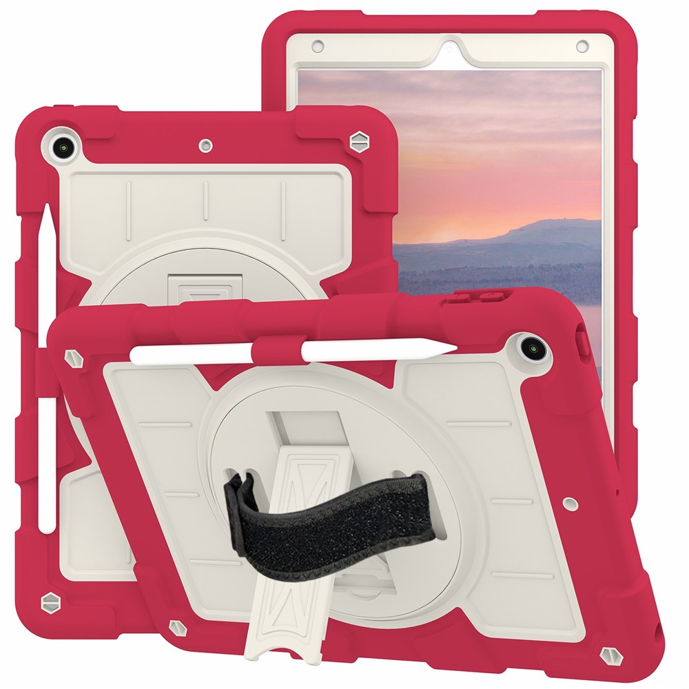 For iPad 10.2 (2021) / (2019) / (2020) TPU+PC Tablet Case Rotating Shockproof Kickstand Cover with Strap - Red