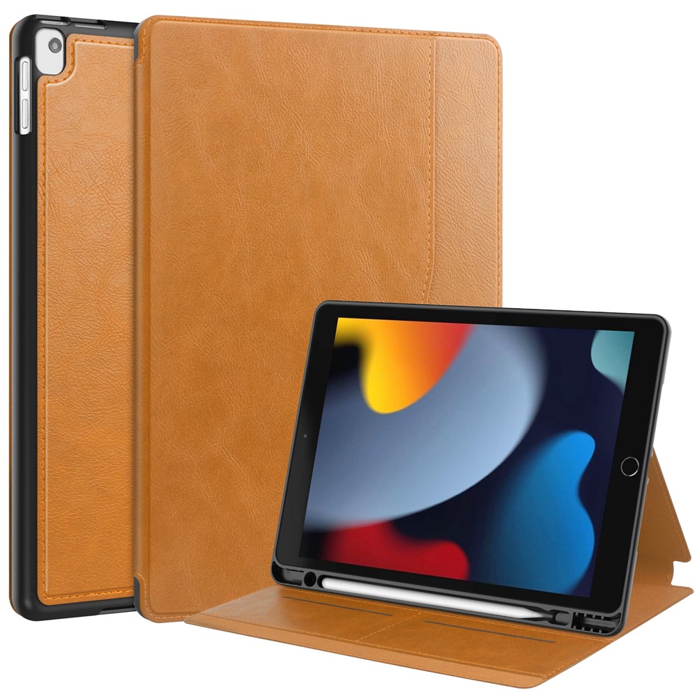 For iPad 10.2 (2019) / (2020) / (2021) Case PU Leather Stand Auto Wake / Sleep Tablet Cover with Card Holder - Brown
