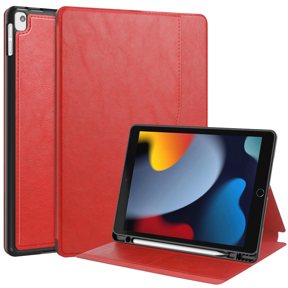 For iPad 10.2 (2019) / (2020) / (2021) Case PU Leather Stand Auto Wake / Sleep Tablet Cover with Card Holder - Red