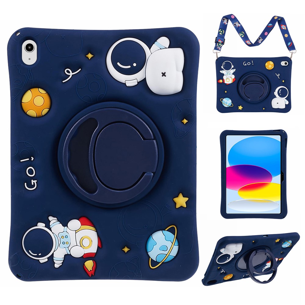 For iPad (2025) / 10.9 (2022) Kickstand Case Astronaut Design Silicone Tablet Protector with Strap