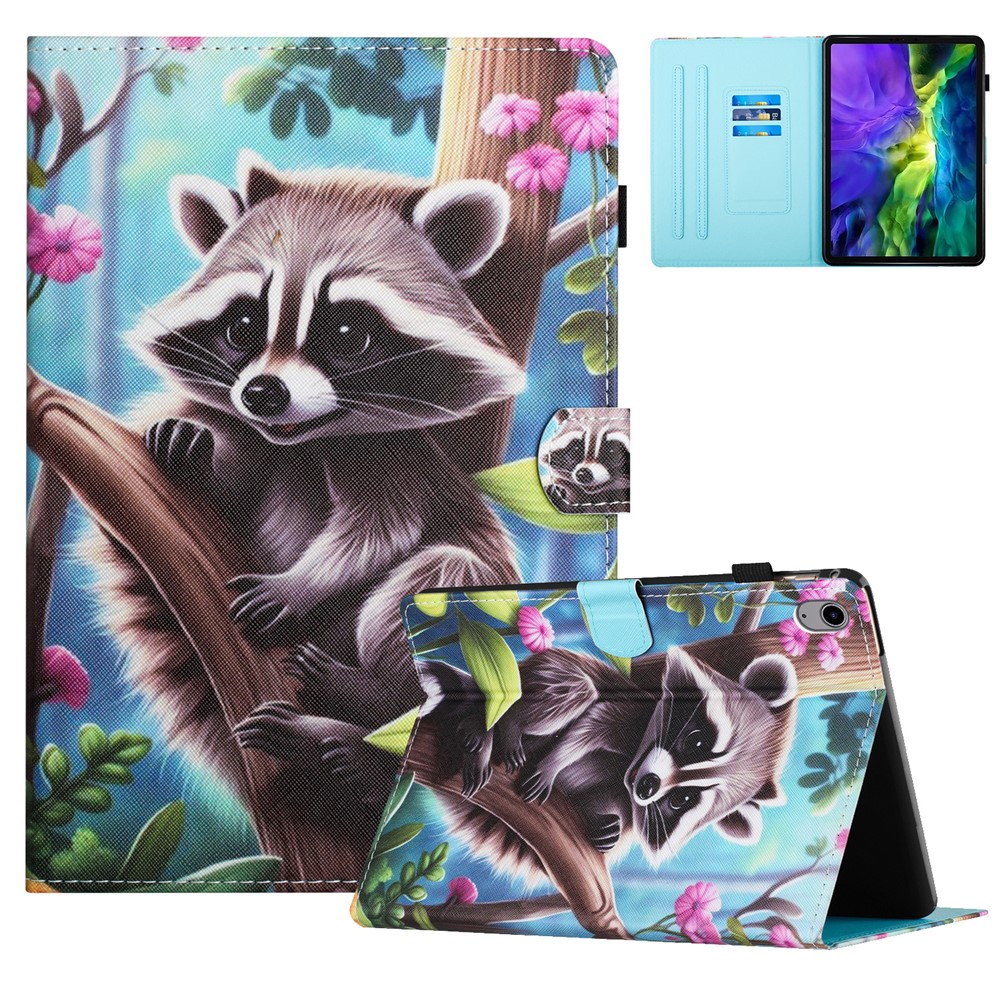 For iPad (2025) / 10.9 (2022) Case PU Leather Card Holder Pattern Printed Tablet Cover - Raccoon