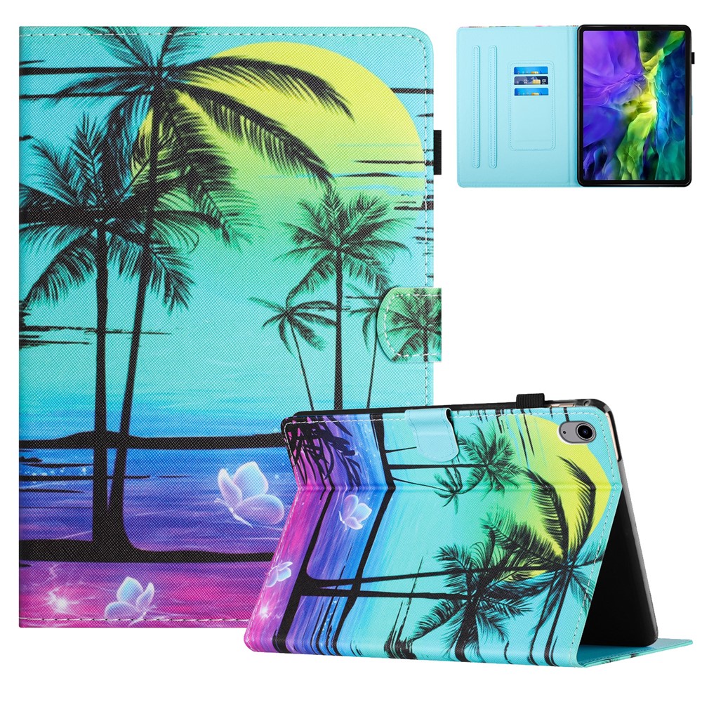 For iPad (2025) / 10.9 (2022) Case PU Leather Card Holder Pattern Printed Tablet Cover - Coconut Tree