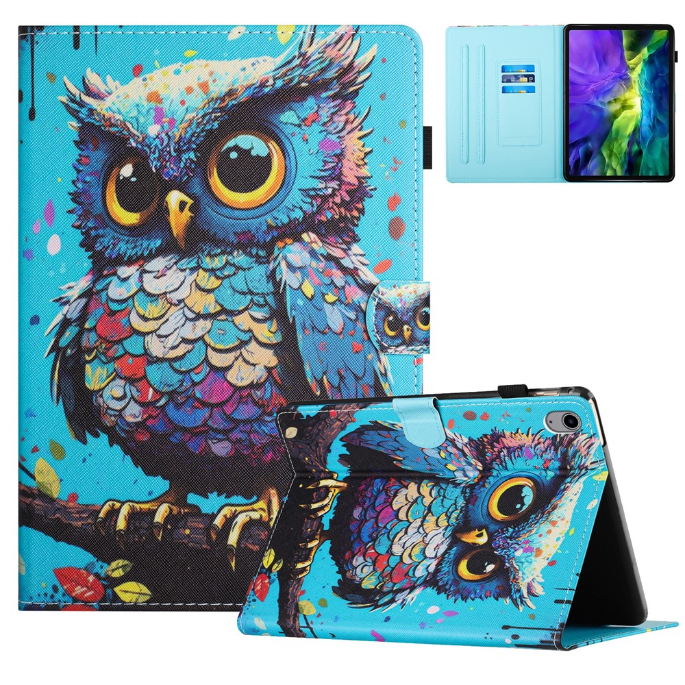 For iPad (2025) / 10.9 (2022) Case PU Leather Card Holder Pattern Printed Tablet Cover - Owl