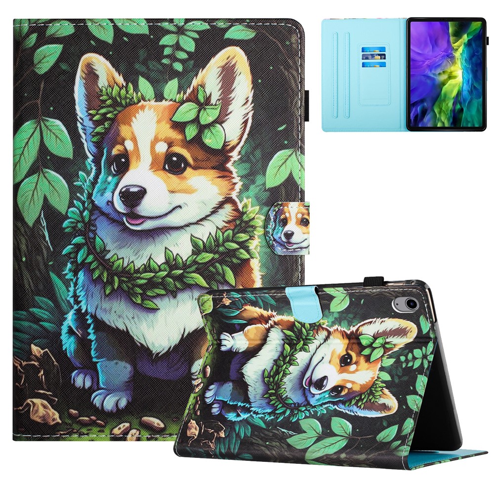 For iPad (2025) / 10.9 (2022) Case PU Leather Card Holder Pattern Printed Tablet Cover - Corgi