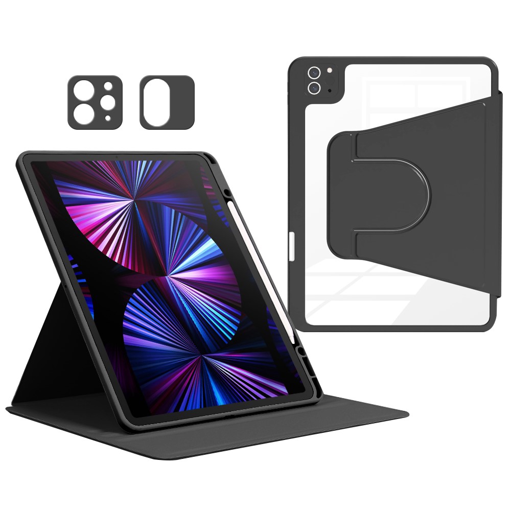 For iPad Pro 12.9 (2022) / (2021) / (2020) / (2018) Case PU Leather+Acrylic+TPU Tablet Cover with Lens Protection - Black