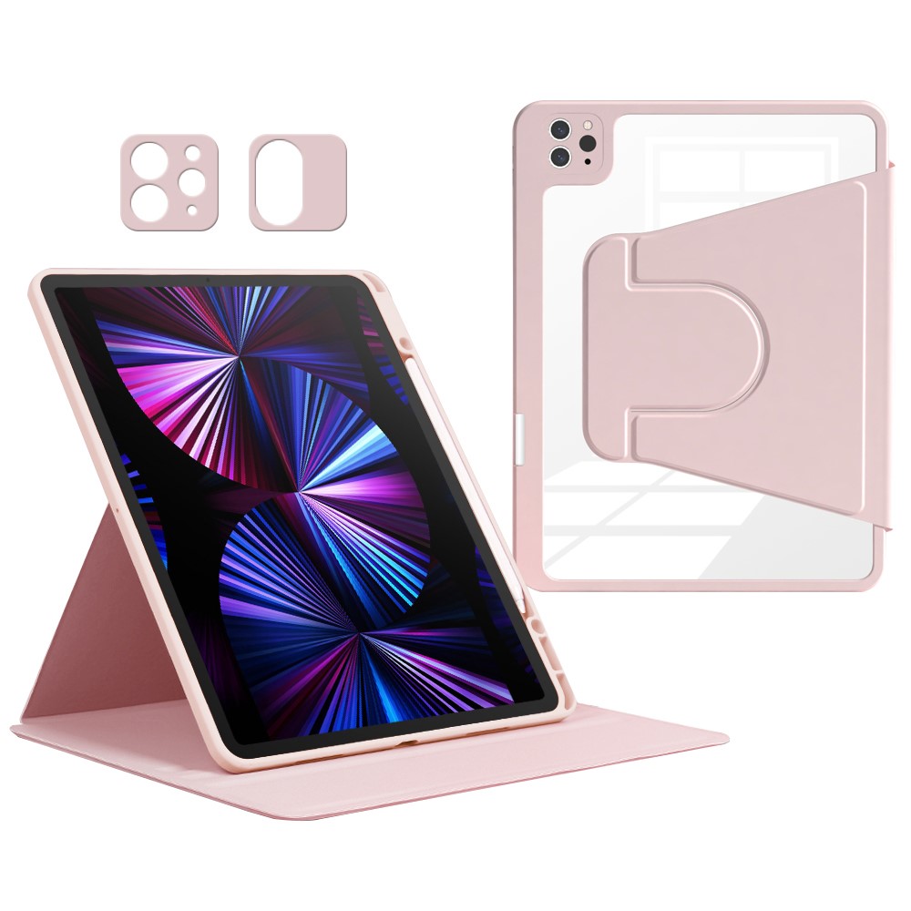 For iPad Pro 12.9 (2022) / (2021) / (2020) / (2018) Case PU Leather+Acrylic+TPU Tablet Cover with Lens Protection - Pink