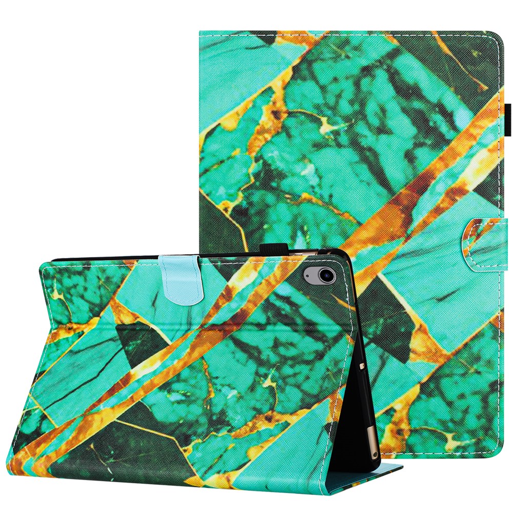 For iPad (2025) / 10.9 (2022) Folding Stand Cover PU Leather Pattern Printed Tablet Case - Gold+Green Marble