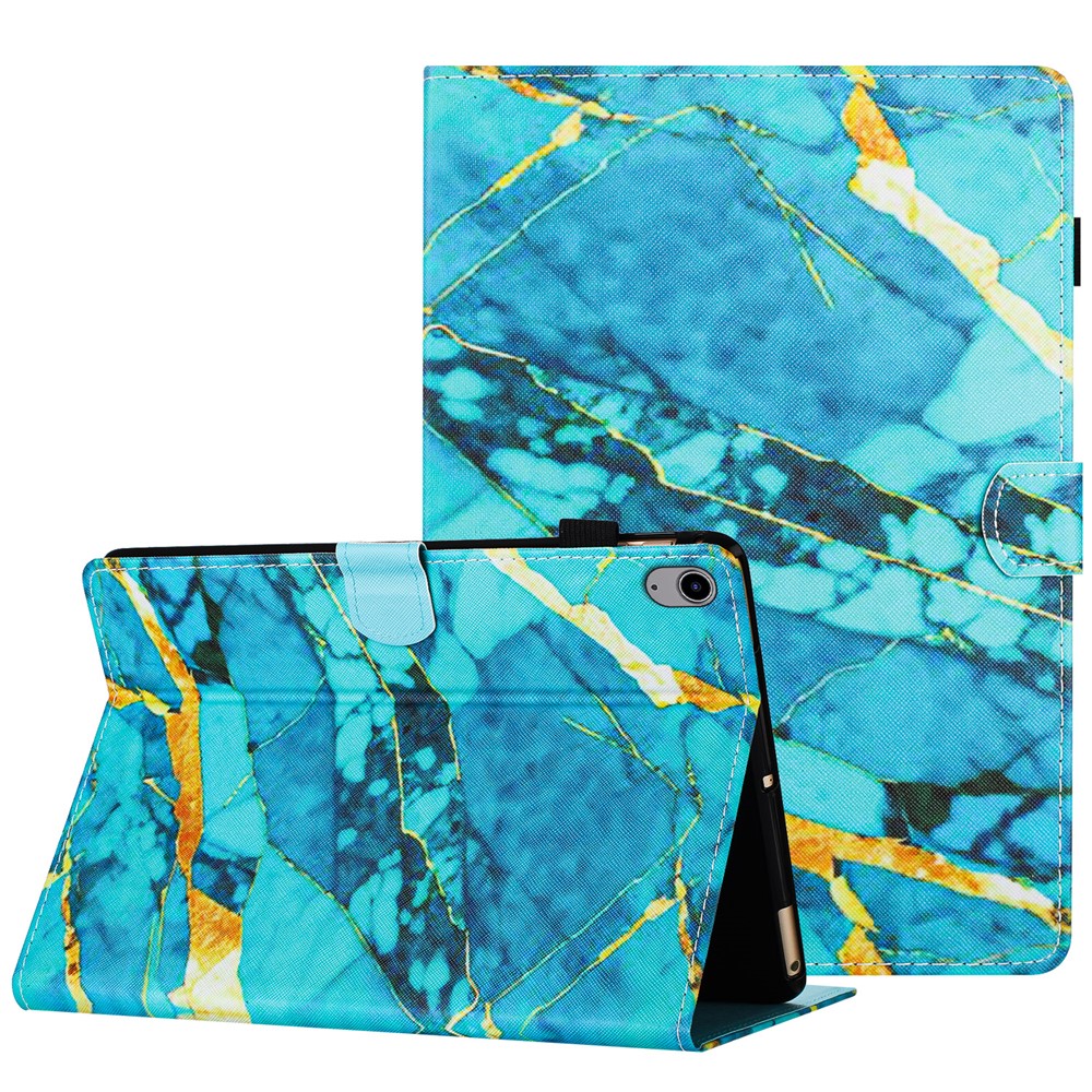 For iPad (2025) / 10.9 (2022) Folding Stand Cover PU Leather Pattern Printed Tablet Case - Gold+Blue Marble