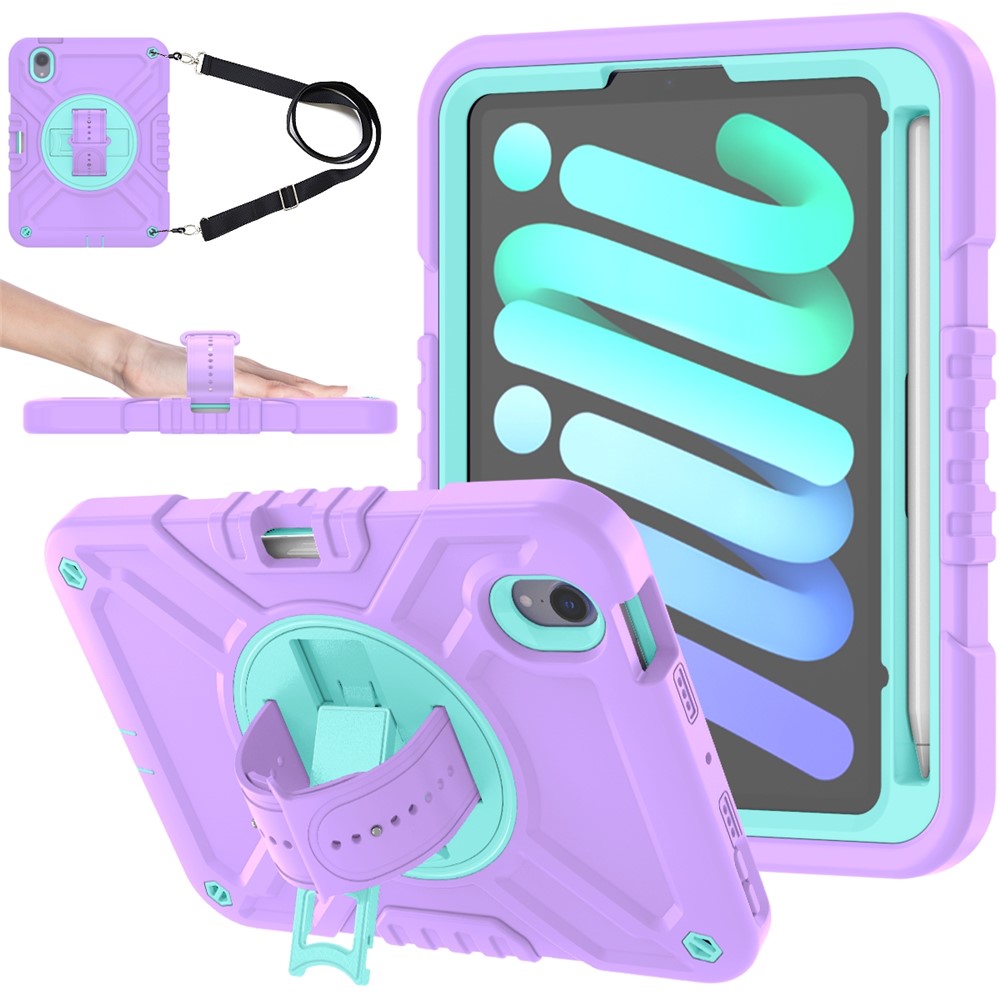 X-Shaped Series for iPad mini (2024) / mini (2021) Tablet Case Kickstand Rugged Cover with Shoulder Strap - Purple+Cyan