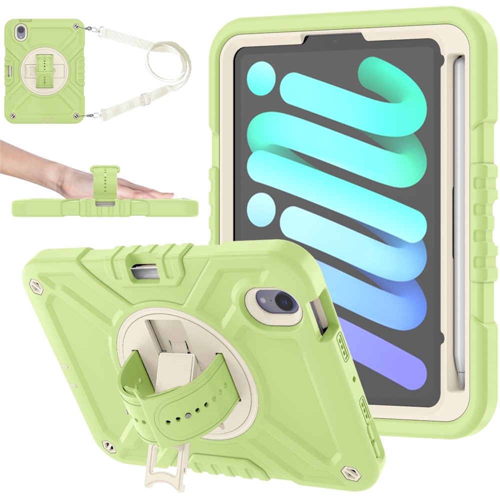 X-Shaped Series for iPad mini (2024) / mini (2021) Tablet Case Kickstand Rugged Cover with Shoulder Strap - Yellowgreen+White