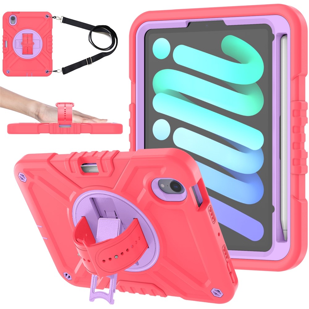X-Shaped Series for iPad mini (2024) / mini (2021) Tablet Case Kickstand Rugged Cover with Shoulder Strap - Red+Purple