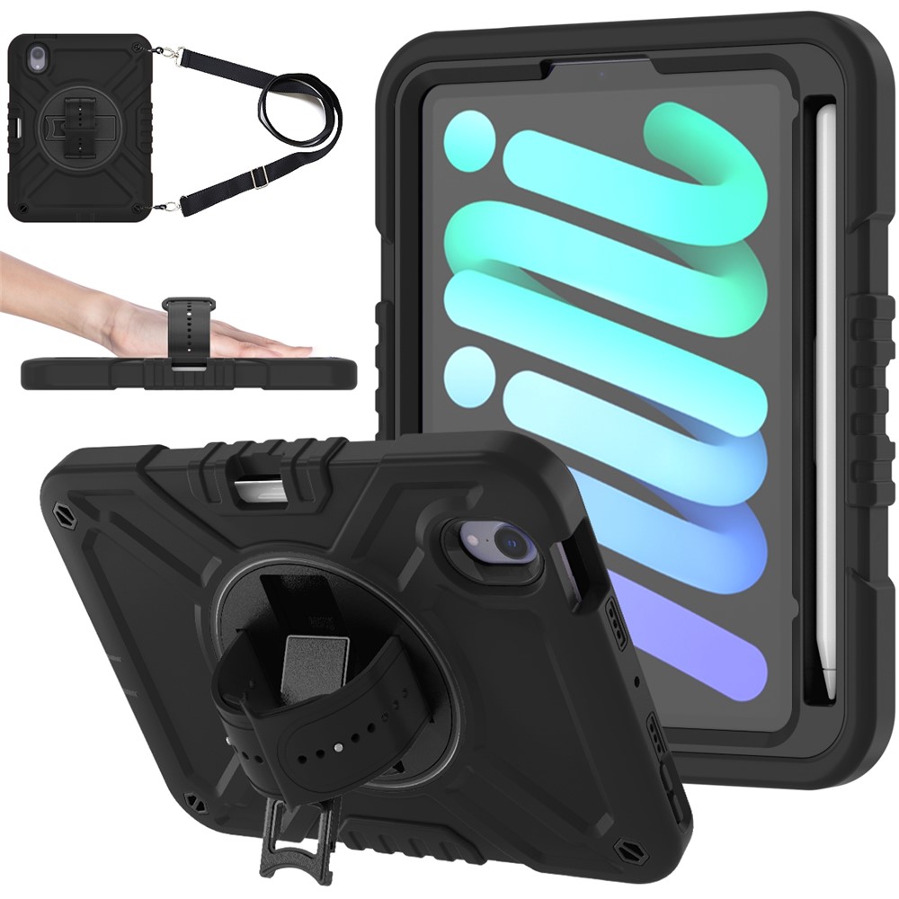 X-Shaped Series for iPad mini (2024) / mini (2021) Tablet Case Kickstand Rugged Cover with Shoulder Strap - All Black