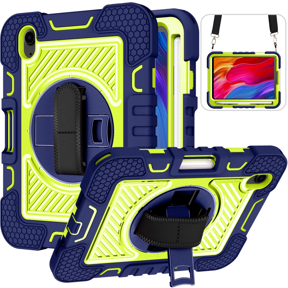 Hand Strap Kickstand for iPad mini (2024) / mini (2021) Tablet Case with Shoulder Strap - Navy Blue+Yellow Green