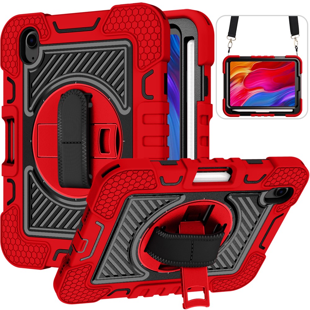 Hand Strap Kickstand for iPad mini (2024) / mini (2021) Tablet Case with Shoulder Strap - Red+Black