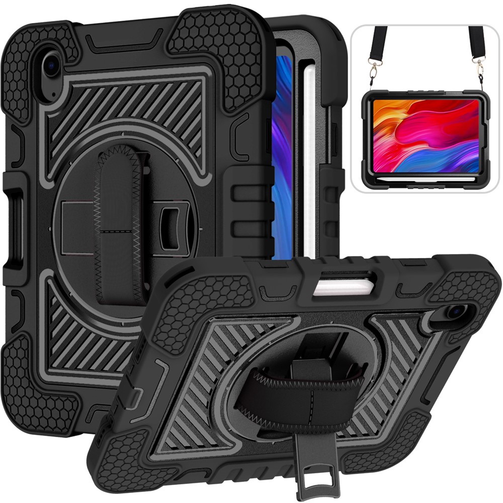 Hand Strap Kickstand for iPad mini (2024) / mini (2021) Tablet Case with Shoulder Strap - All Black