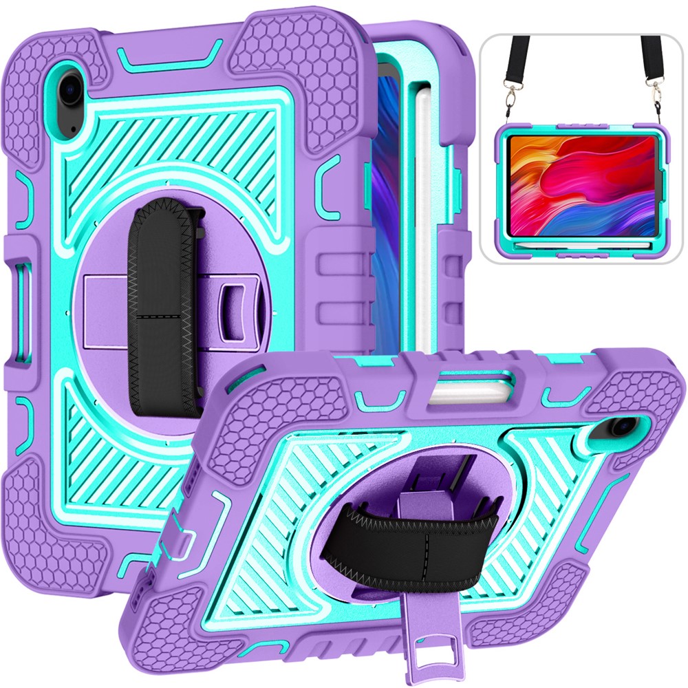 Hand Strap Kickstand for iPad mini (2024) / mini (2021) Tablet Case with Shoulder Strap - Purple+Mint Green