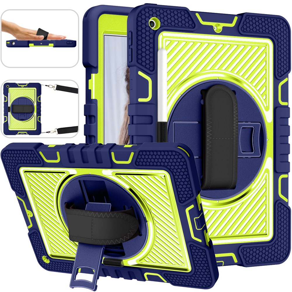 For iPad 9.7-inch (2017) / (2018) Tablet Case Anti-drop Kickstand Cover with Shoulder Strap - Navy Blue+Yellow Green