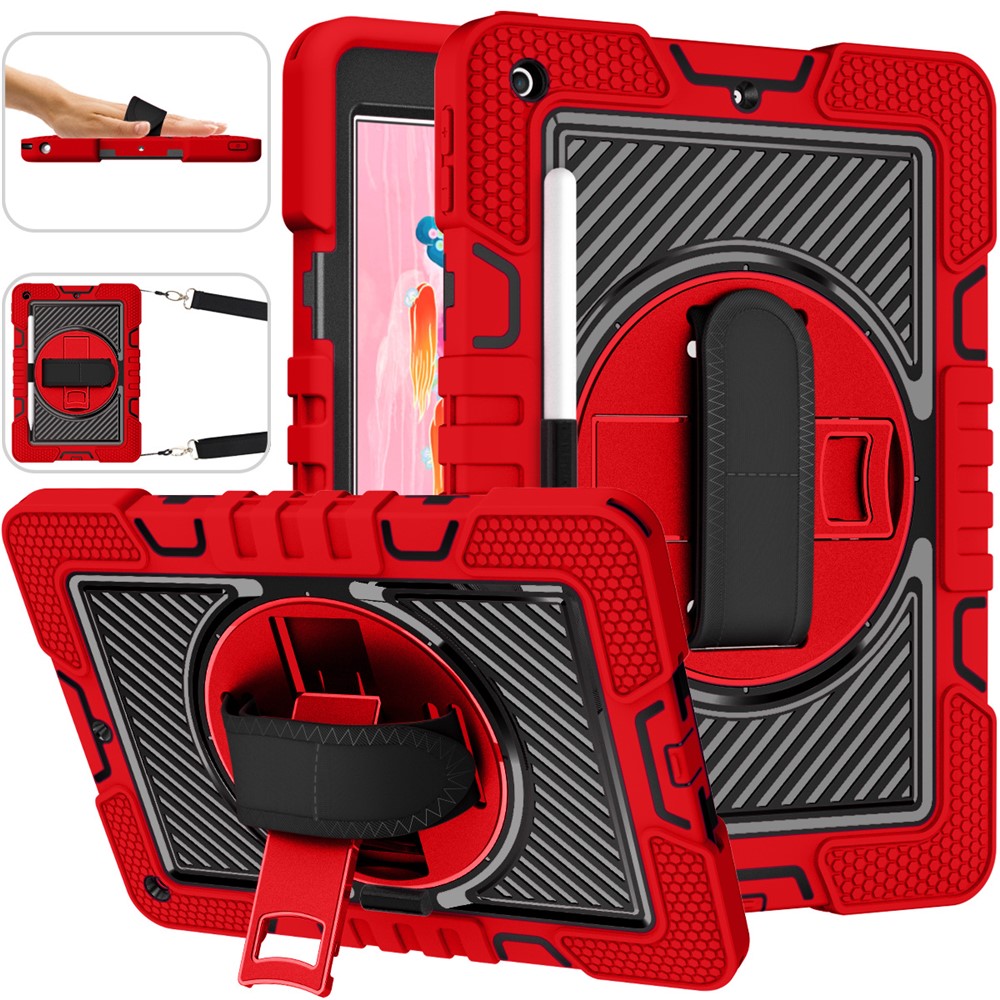 For iPad 9.7-inch (2017) / (2018) Tablet Case Anti-drop Kickstand Cover with Shoulder Strap - Red+Black
