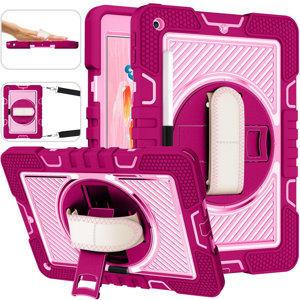 For iPad 9.7-inch (2017) / (2018) Tablet Case Anti-drop Kickstand Cover with Shoulder Strap - Rose+Pink