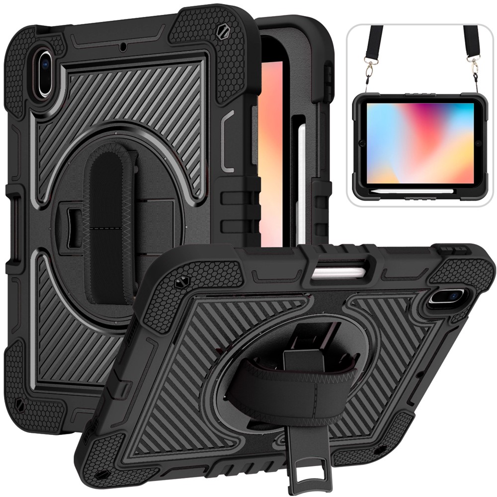 For iPad 10.2 (2021) / (2020) / (2019) Kickstand Case Tablet Cover with Shoulder Strap - All Black