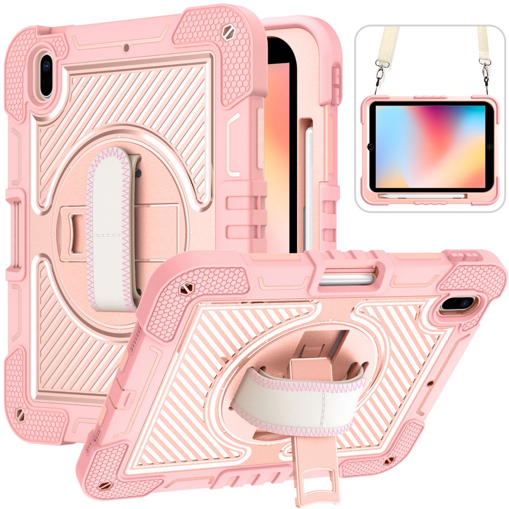 For iPad 10.2 (2021) / (2020) / (2019) Kickstand Case Tablet Cover with Shoulder Strap - Rose Gold