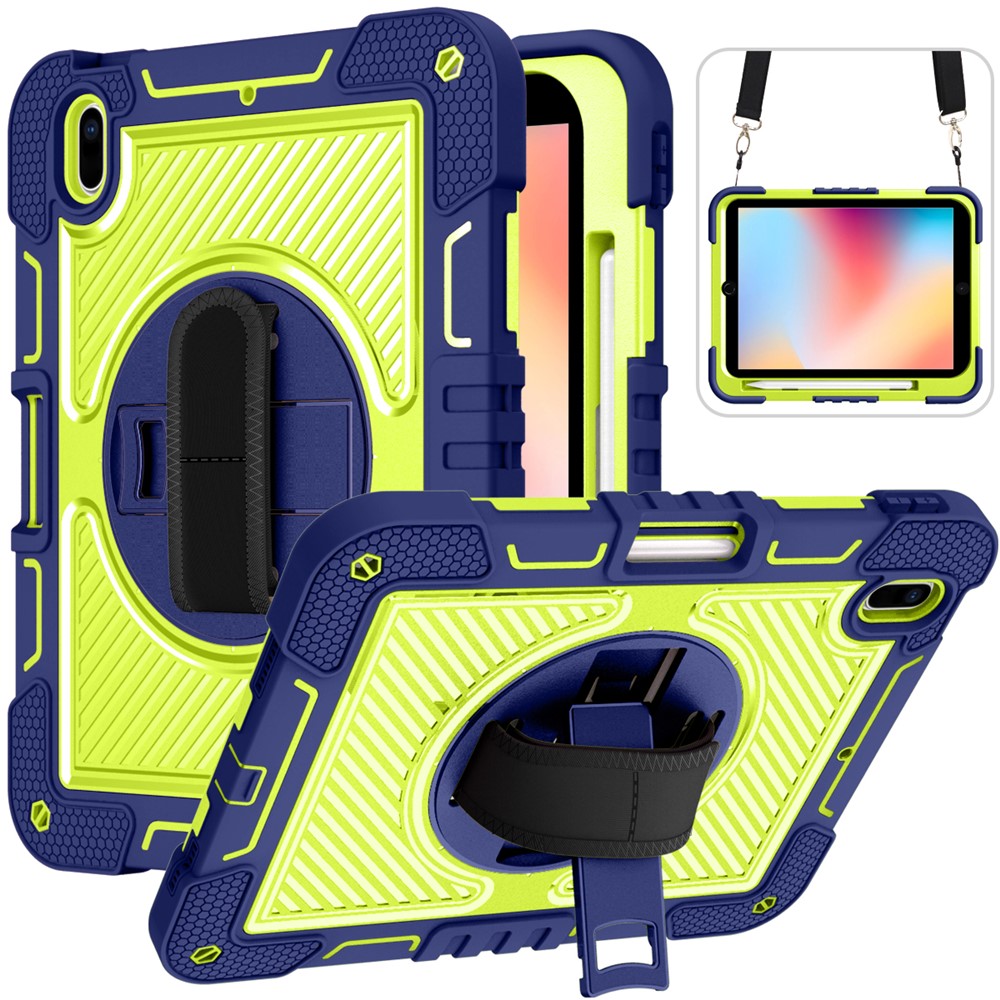 For iPad 10.2 (2021) / (2020) / (2019) Kickstand Case Tablet Cover with Shoulder Strap - Navy Blue+Yellow Green