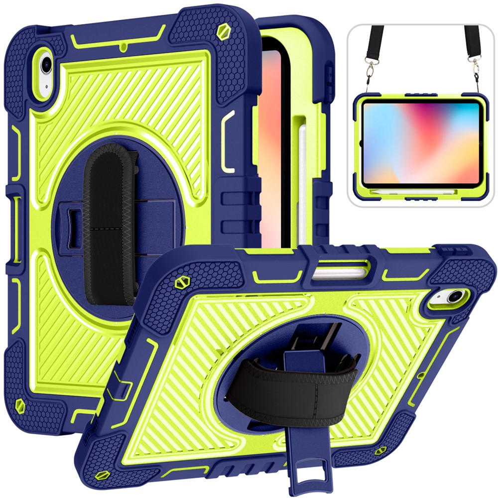 For iPad (2025) / 10.9 (2022) Case Kickstand Anti-Drop Tablet Cover with Shoulder Strap - Navy Blue+Yellow Green