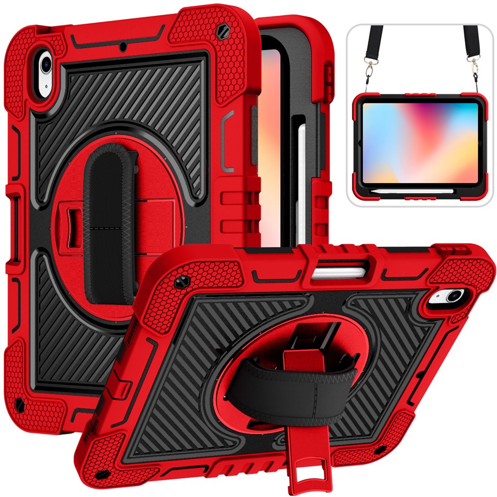 For iPad (2025) / 10.9 (2022) Case Kickstand Anti-Drop Tablet Cover with Shoulder Strap - Red+Black