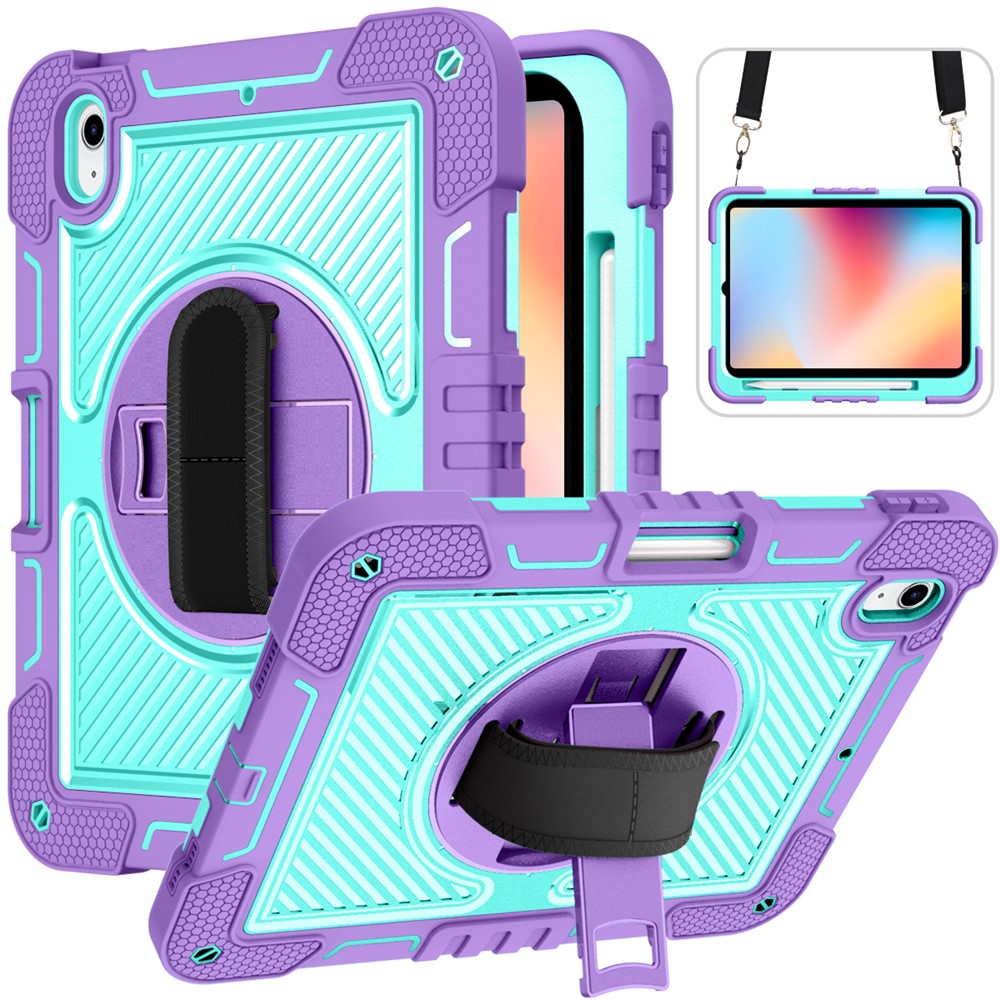 For iPad (2025) / 10.9 (2022) Case Kickstand Anti-Drop Tablet Cover with Shoulder Strap - Purple+Mint Green