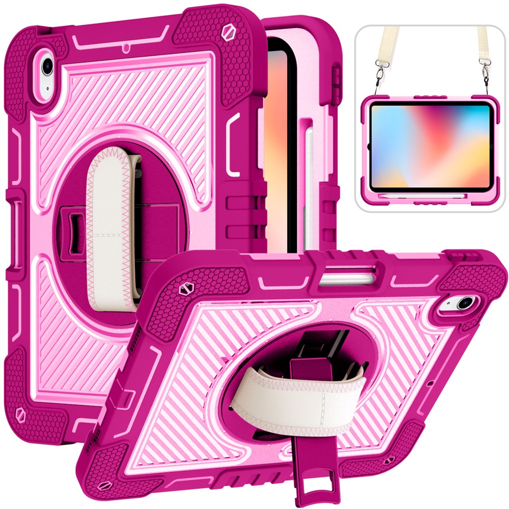 For iPad (2025) / 10.9 (2022) Case Kickstand Anti-Drop Tablet Cover with Shoulder Strap - Rose+Pink