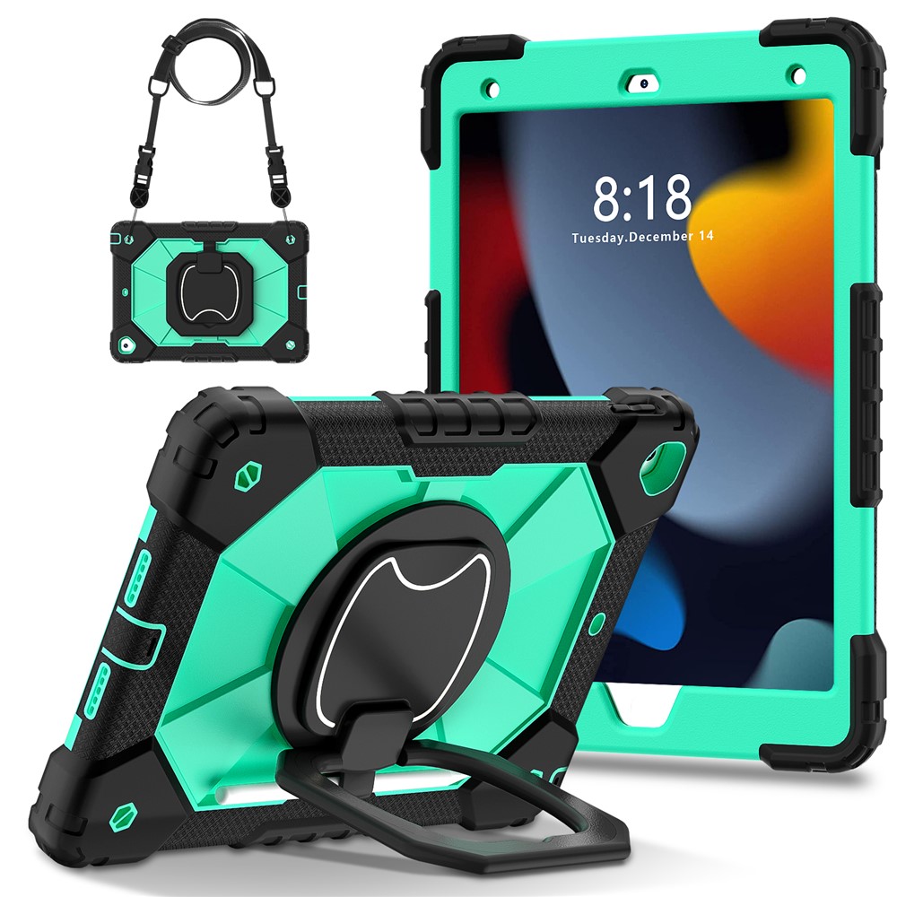 C3 Tablet Case for iPad 10.2 (2019) / (2020) / (2021) Kids Friendly Cover with Shoulder Strap Rotating Handle - Black+Mint Green