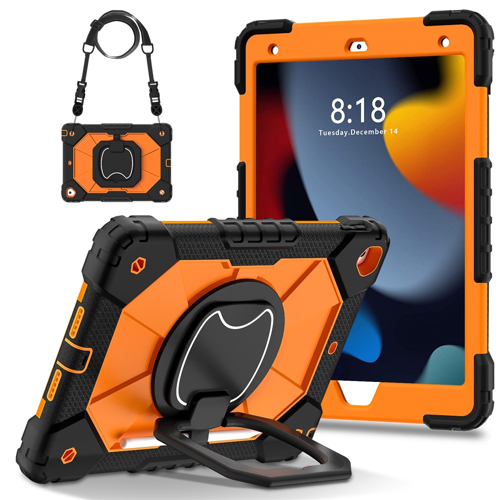 C3 Tablet Case for iPad 10.2 (2019) / (2020) / (2021) Kids Friendly Cover with Shoulder Strap Rotating Handle - Black+Orange