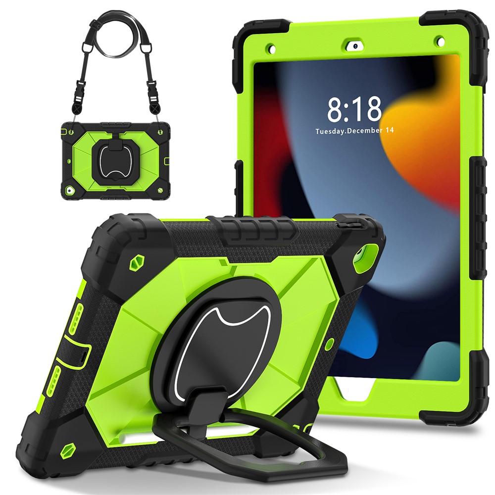 C3 Tablet Case for iPad 10.2 (2019) / (2020) / (2021) Kids Friendly Cover with Shoulder Strap Rotating Handle - Black+Yellowgreen