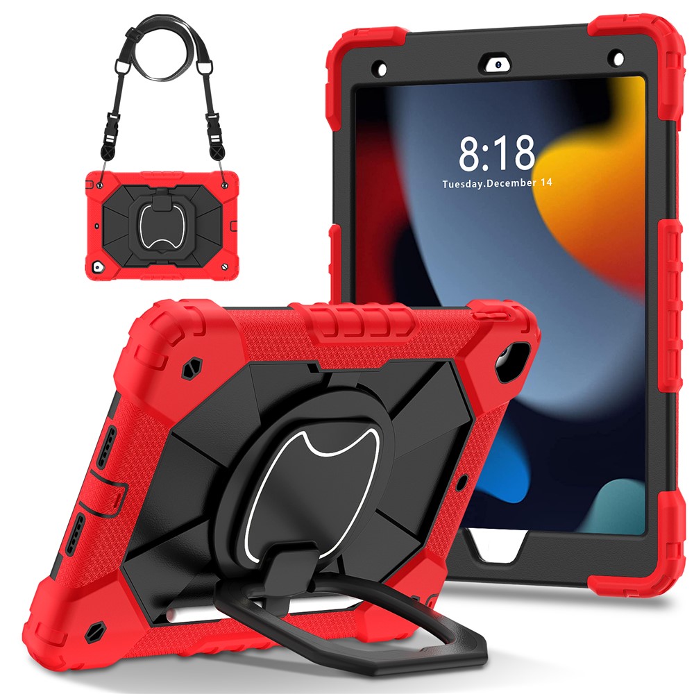 C3 Tablet Case for iPad 10.2 (2019) / (2020) / (2021) Kids Friendly Cover with Shoulder Strap Rotating Handle - Red+Black