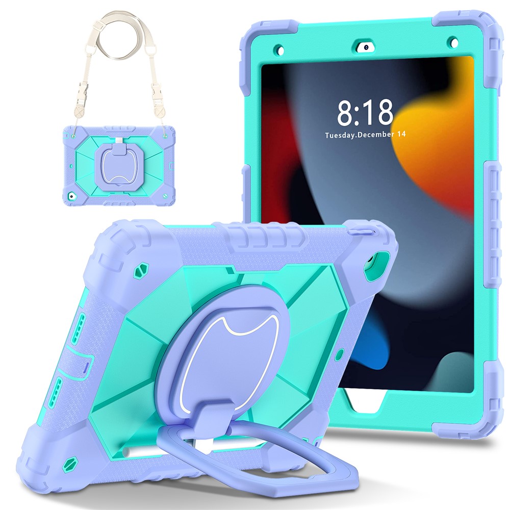 C3 Tablet Case for iPad 10.2 (2019) / (2020) / (2021) Kids Friendly Cover with Shoulder Strap Rotating Handle - Purple+Mint Green