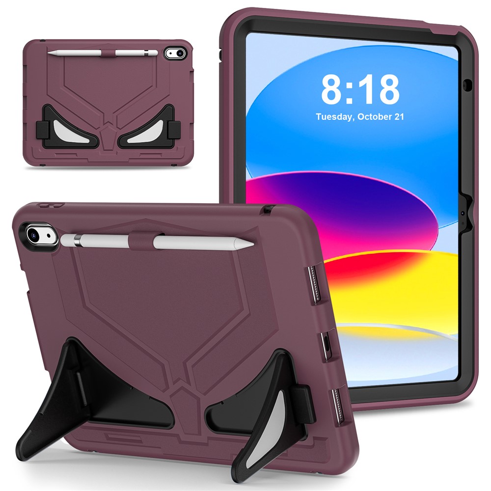 For iPad (2025) / 10.9 (2022) Leopard Style Case Rugged Drop Protection Cover with Kickstand - Bordeaux+Black