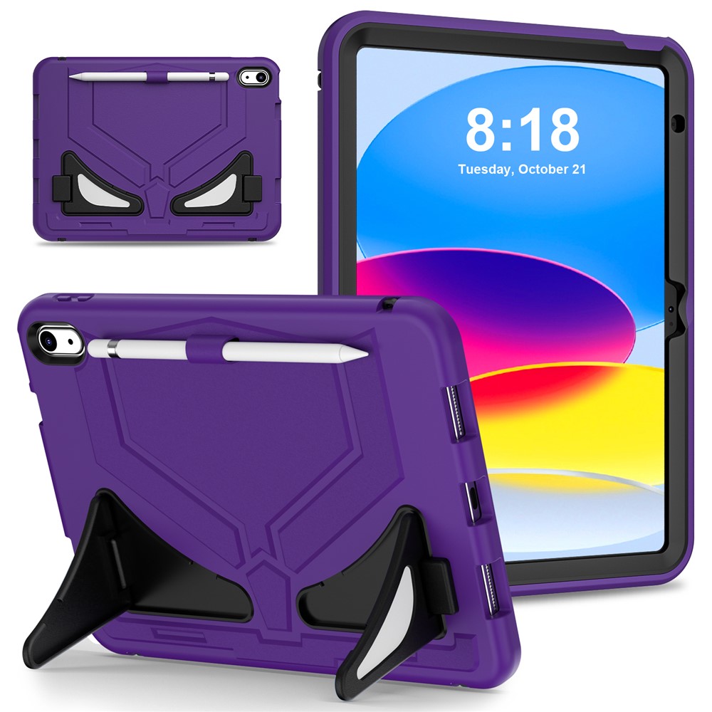 For iPad (2025) / 10.9 (2022) Leopard Style Case Rugged Drop Protection Cover with Kickstand - Purple+Black