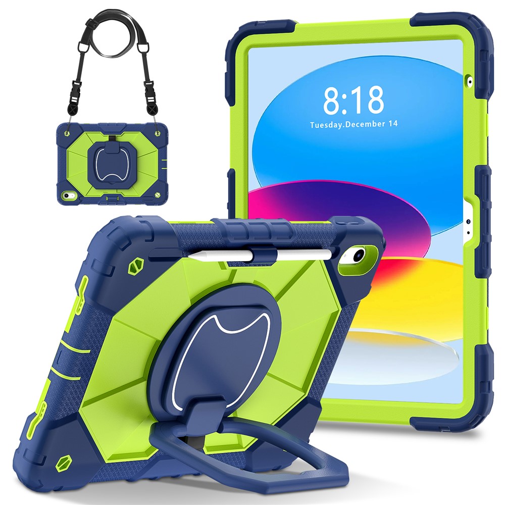 C3 for iPad (2025) / 10.9 (2022) Case Contrast Color Silicone+PC Kickstand Anti-Drop Tablet Cover - Navy Blue+Yellowgreen