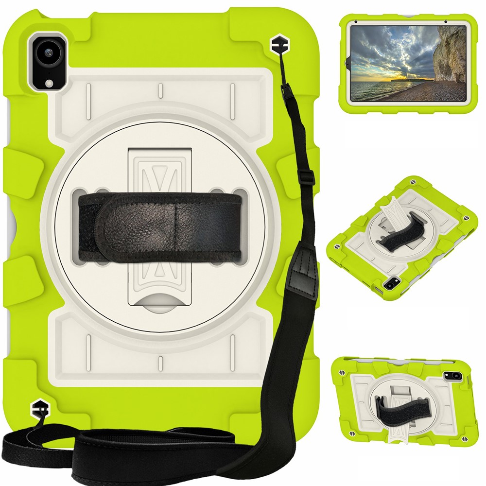 For iPad mini (2024) / mini (2021) Tablet Case Hand Strap Kickstand Cover with Shoulder Strap - Yellowgreen