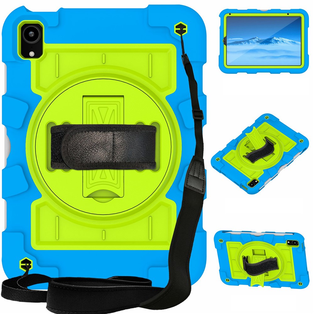 For iPad mini (2024) / mini (2021) Tablet Case Hand Strap Kickstand Cover with Shoulder Strap - Blue+Green