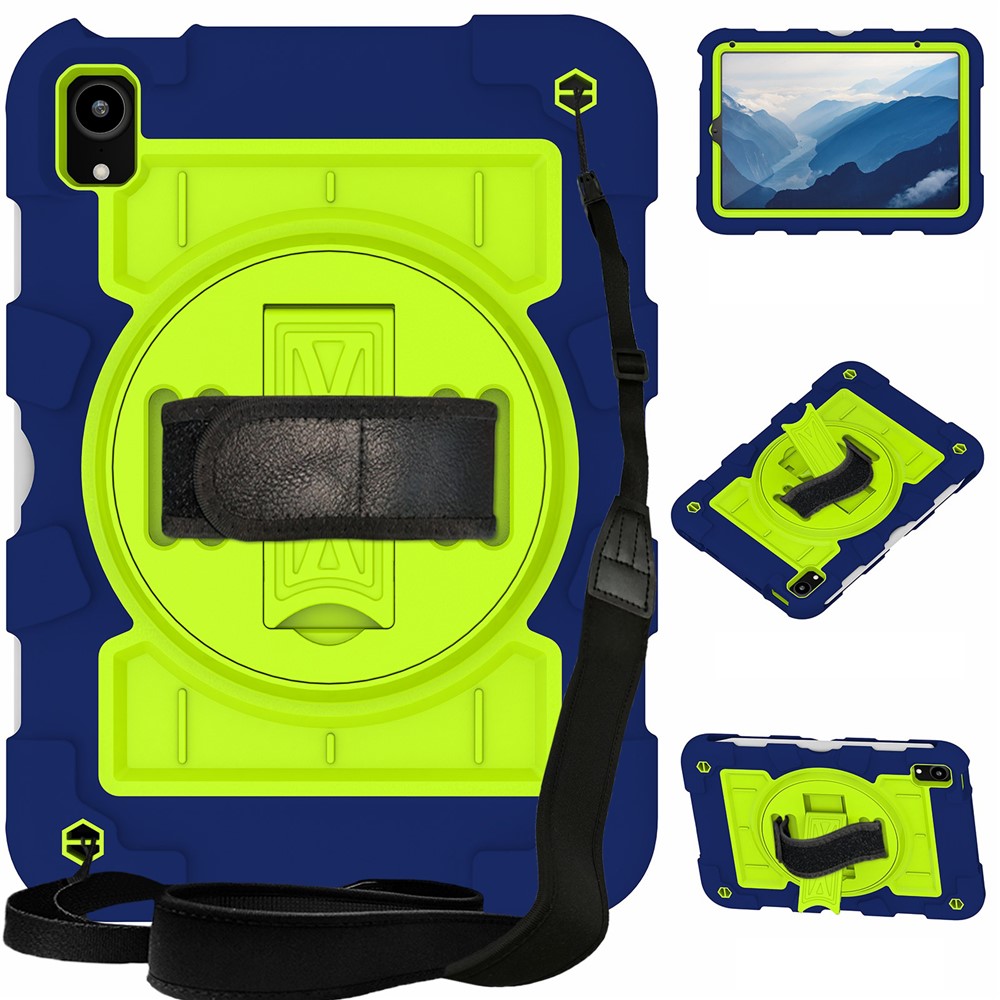 For iPad mini (2024) / mini (2021) Tablet Case Hand Strap Kickstand Cover with Shoulder Strap - Navy Blue+Green