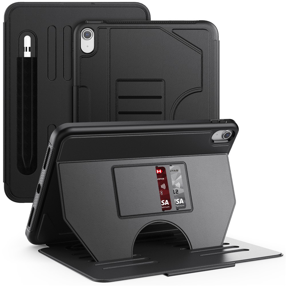 For iPad (2025) / 10.9 (2022) A2696 Case with Card Holder, 5-Level Adjustable Stand Pen Slot Tablet Flip Cover - Black